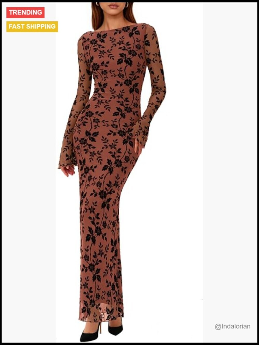 Elegant Floral Bodycon Maxi Dress Long Sleeve Formal Evening Party